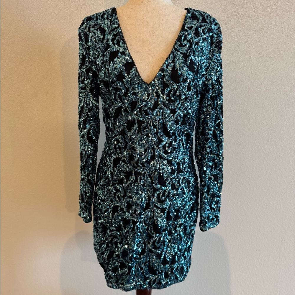 VENUS Teal Long Sleeve Sequin Dress